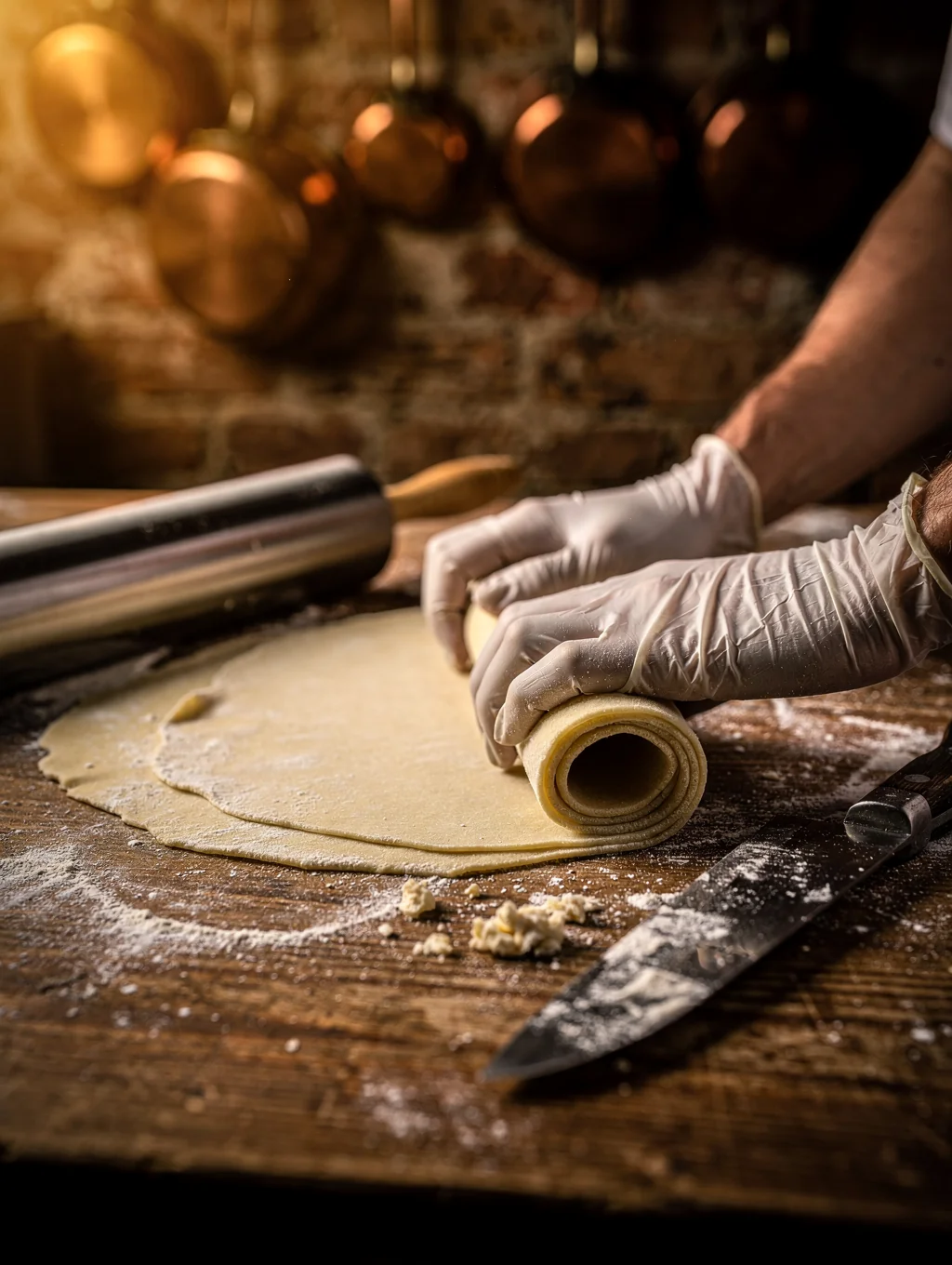 Artisan chef hand-rolling fresh semolina pasta in our kitchen
